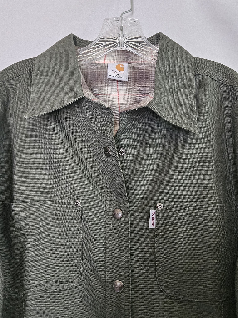 Carhartt Women's Olive Green Work Shirt Jacket Canvas Plaid Lined Shacket XL - Picture 3 of 11